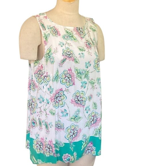 J. Jill Sz M Sleeveless Breezy Floral Tunic Tank Top Contrast Hem Border 108i - Picture 2 of 8